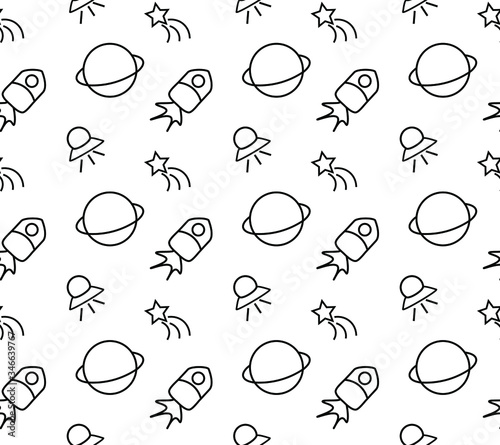 vector space seamless pattern with ufo, planets, comet, star and space shuttle doodle
