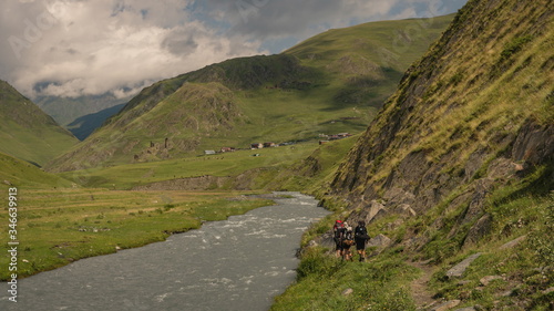 Hiking in Georgian Caucasus mauntains. Omalo Shatili trek. photo