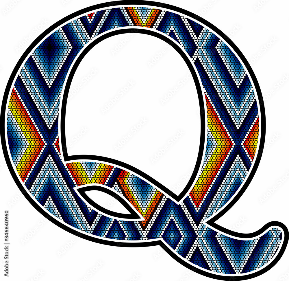 initial capital letter Q with colorful dots abstract design inspired in mexican huichol art style. Isolated on white background