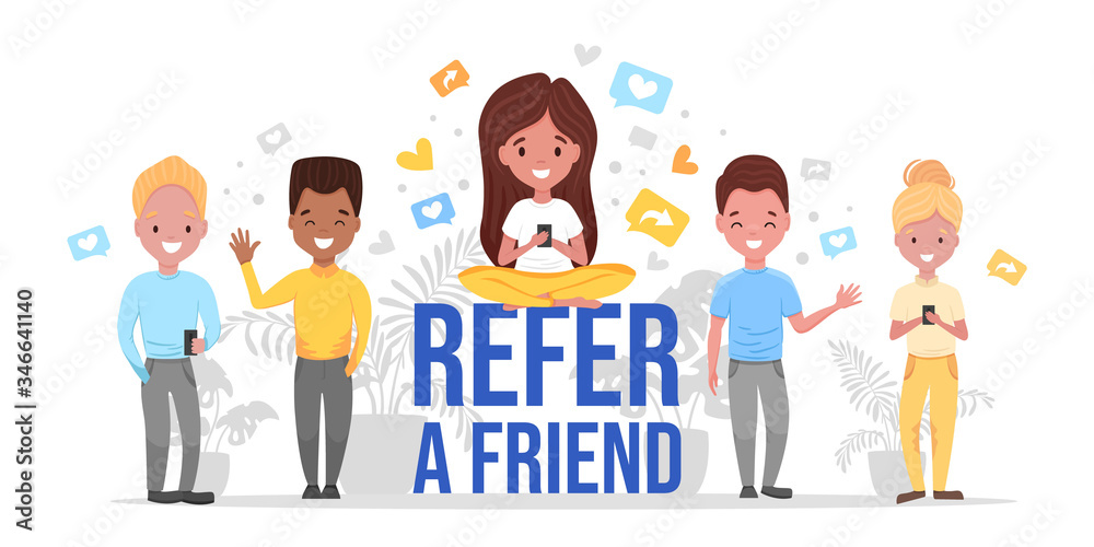 Social media referral program concept with multinational characters and elements, message, heart, smartphones. Colored Flat cartoon vector illustration isolated on white background. Social media referral program concept with multinational characters and elements, message, heart, smartphones. Colored Flat cartoon vector illustration isolated on white background.