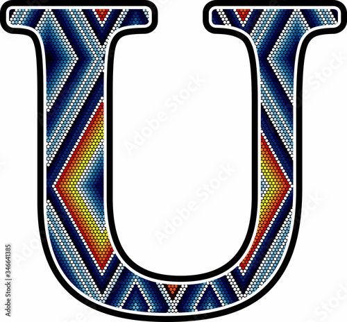 initial capital letter U with colorful dots abstract design inspired in mexican huichol art style. Isolated on white background