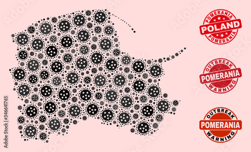 Outbreak combination of covid-2019 mosaic Pomeranian Voivodeship map and scratched seal stamps. Vector red watermarks with unclean rubber texture and Outbreak Warning caption. photo