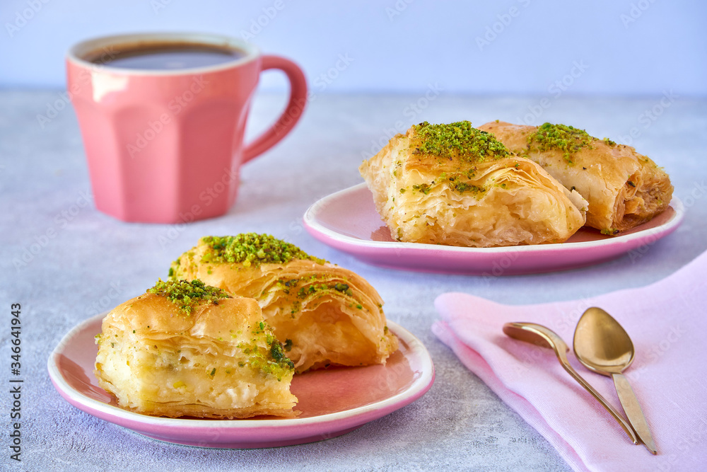 Sweets arabic dessert  knafeh with pistachio and cheese