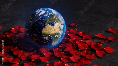 Planet earth surrounded with rose petals in a dark scene. 3d illustration that cound be used as a metaphor of war  photo