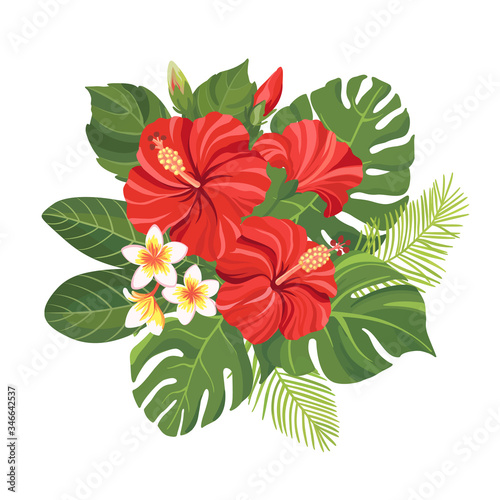 Red tropical flowers bouquet. Floral composition with hibiscus, plumeria, palm leaves and monstera. Vector illustration.