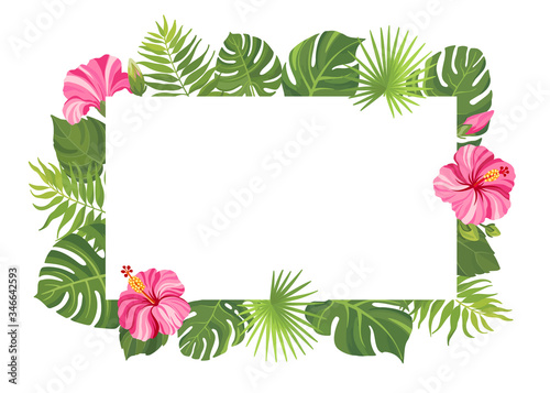 Pink tropical flowers and green leaves frame template. Hibiscus floral border with place for text. Vector illustration.