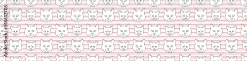 Cute cartoon monochrome British shorthair cat and kitten seamless vector border. Pedigree lineart kitty breed domestic kitty background. Cat lover English purebred all over print. Feline EPS 10. 