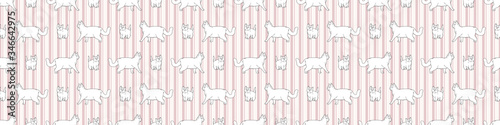 Cute cartoon monochrome British shorthair cat and kitten seamless vector border. Pedigree lineart kitty breed domestic kitty background. Cat lover English purebred all over print. Feline EPS 10. 