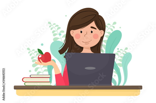 Girl freelancer works at home at a laptop, remote work. Vector illustration in cartoon flat style. Freelance.