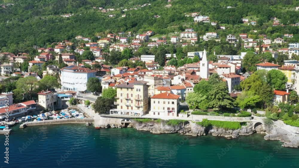 Croatia, Adriatic coastline in Kvaarner bay, beautiful old town of Lovran, historic center and coastline aerial view Croatia, Adriatic coastline in Kvaarner bay, beautiful old town of Lovran, historic center and coastline aerial view