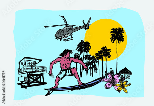 lifeguard tower and surfers on the beach print and embroidery graphic design vector art