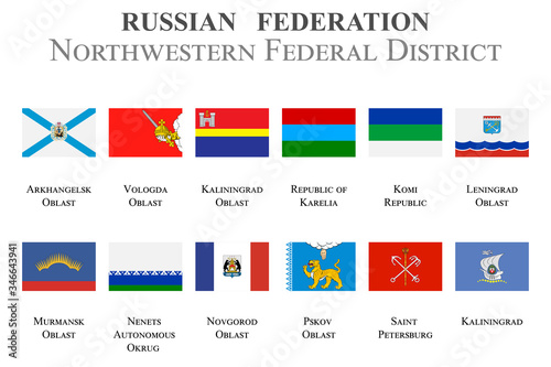 Set of flags in the state coat of arms of the Northwestern Federal District of the Russian Federation photo