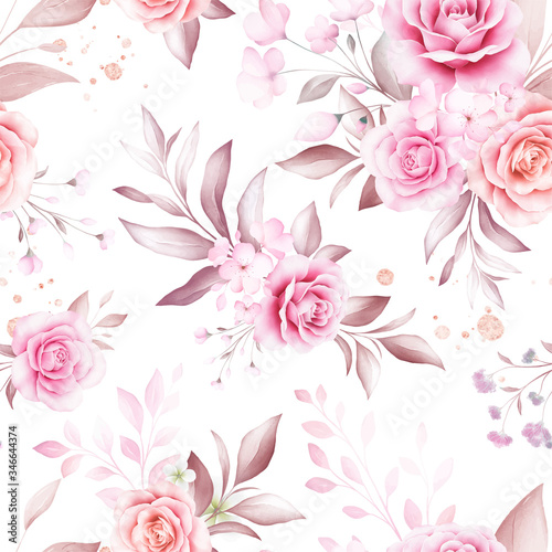 Seamless pattern of soft watercolor flowers arrangements and gold glitter on white background for fashion, print, textile, fabric, and card background