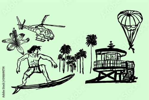 lifeguard tower and surfers on the beach print and embroidery graphic design vector art