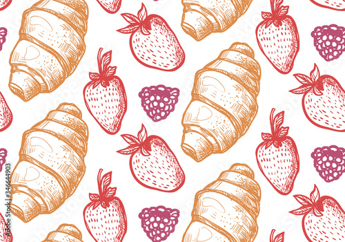 Seamless pattern with strawberry croissant. Repeating texture with berries and buns. Endless element with food.