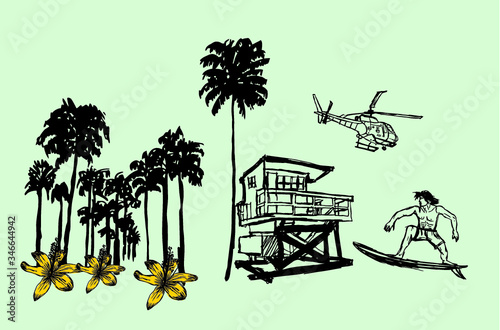 lifeguard tower and surfers on the beach print and embroidery graphic design vector art