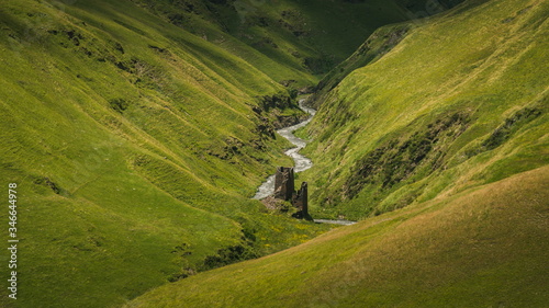 Ancient towers around Chontio village in georgian Caucasus. Omalo Shatili trek.