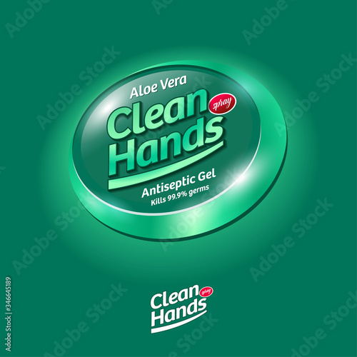 Clean Hands logo. Hand disinfectant, virus protection label. Sanitizer for hands and body. Green glossy ellipse with letters and medical cross. 