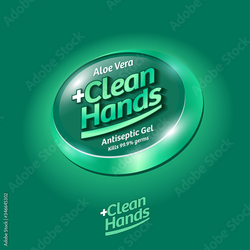 Clean Hands logo. Hand disinfectant, virus protection label. Sanitizer for hands and body. Green glossy ellipse with letters and medical cross. 