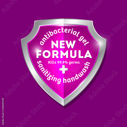 New Formula logo. Sanitizer gel, antiseptic and virus protection label. Sanitizer for hands and body. Pink and silver glossy shield with letters and medical cross