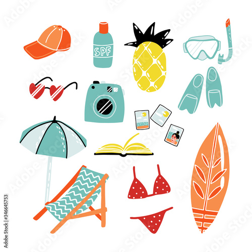 Funny summer attributes stickers set. Pineapple fruit air mattress, sunshades, lounge chair, heart sunglasses, photo camera, surfboard, sunscreen lotion, book and snorkeling kit with fins and mask.