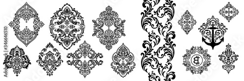 Damask white and black ornament.Traditional pattern.Decorative element eastern tracery.Floral ,victorian,baroque,Indian design. Texture for arabic wallpapers.