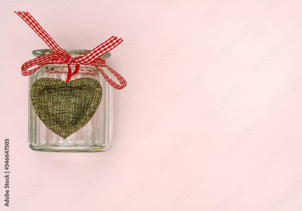ornate heart red bow and glass jar view from above - obrazy, fototapety, plakaty 