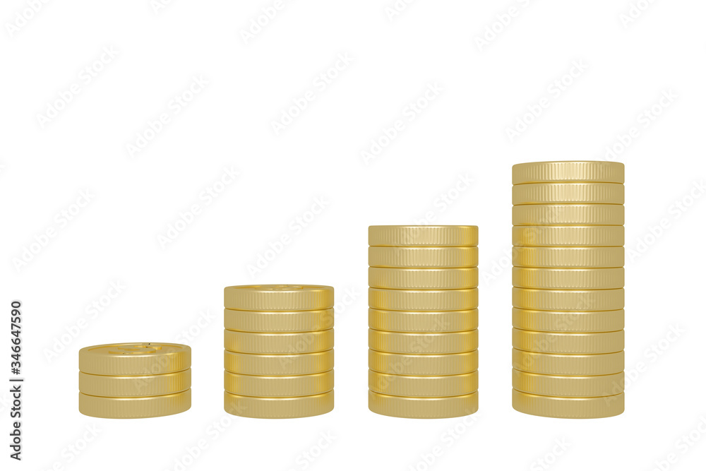 Stack of golden coins isolated on white background with clipping path, in success concept, 3D render Stack of golden coins isolated on white background with clipping path, in success concept, 3D render