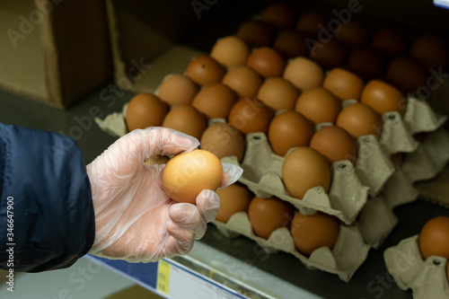 A hand in a protective glove holds a brown chicken egg on the background of a cardboard egg tray in the store. Copy space