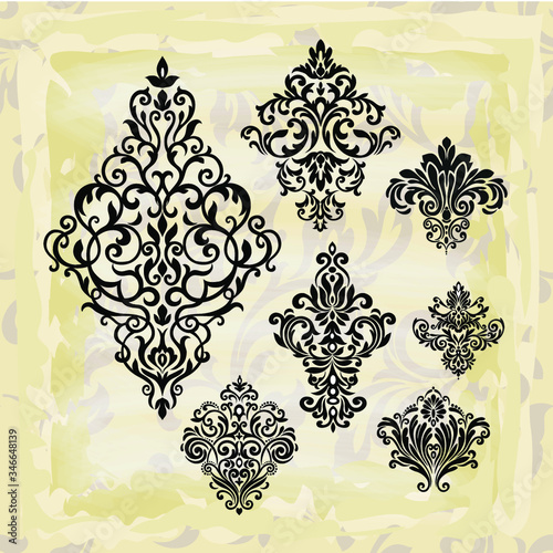 Set of Oriental vector damask patterns for greeting cards and wedding invitations.