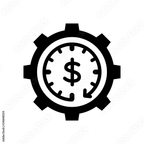 time is money icon, dollar with clock sign in black flat design on white background