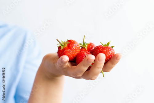 Female hand is holding  fresh sweet strawberry  