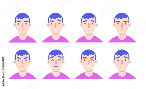 Emotion in stylish style on white background. Symbol set. Happiness, joy expression. Male cartoon character. Positive emotional person.