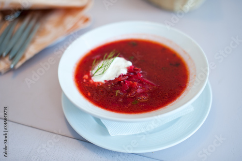 Beautiful ukranian borscht at cafe or restaurant. Shallow depth of field.