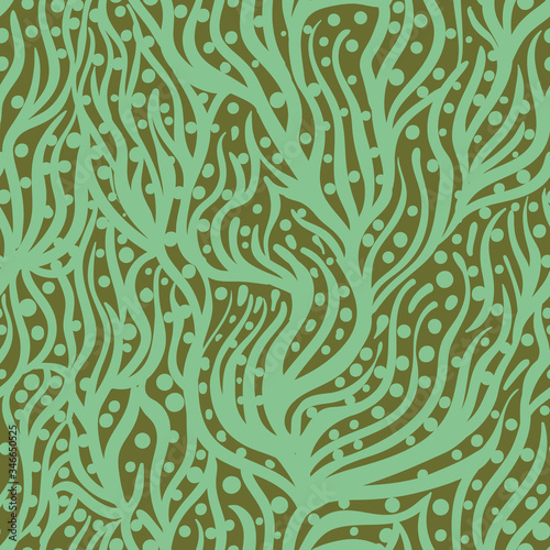 Green organic fluid shapes seamless vector pattern. Surface print design inspired by seaweeds and coral reef. For backgrounds, textured, fabrics, stationery and packaging.