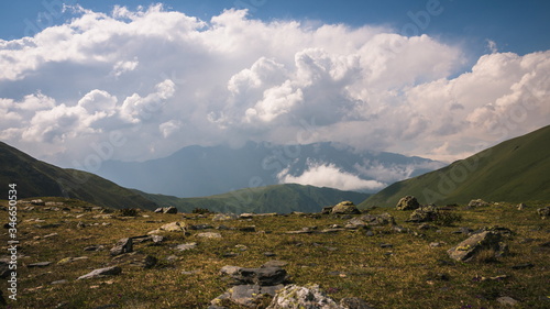Wonderful view on Khidotani ridge in Khevsureti national park in georgian Caucasus. Omalo Shatili trek. photo