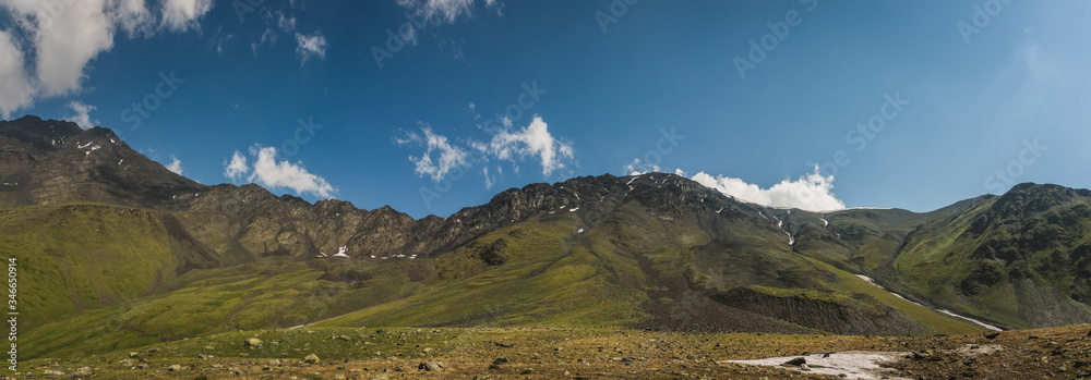 Fototapeta premium View from Khidotani ridge to Atsunta pass in georgia Caucasus. Omalo Shatili trek.