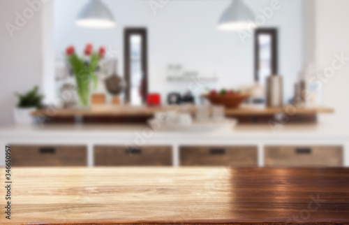 blurred kitchen interior and desk space home background