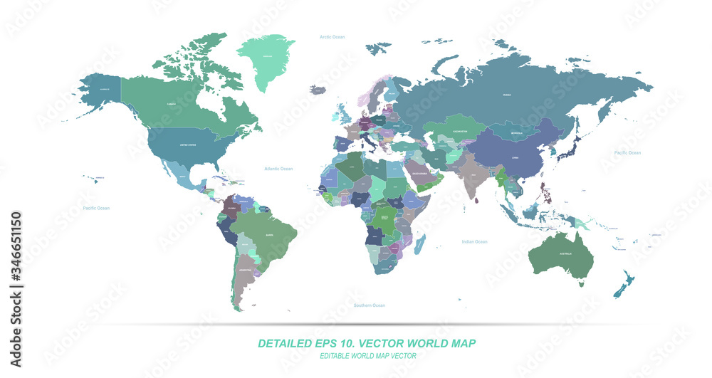 Naklejka Witam szczegółowe mapy świata Vector. edytowalny wektor mapy świata z nazwą kraju.