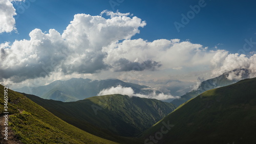 Wonderful view from Khidotani ridge in Khevsureti national park in georgian Caucasus. Omalo Shatili trek. photo