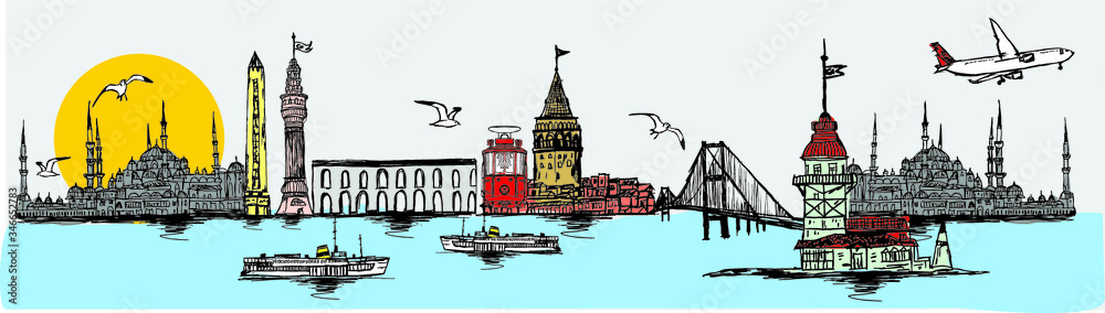 Fototapeta premium istanbul and steamers embroidery graphic design vector art