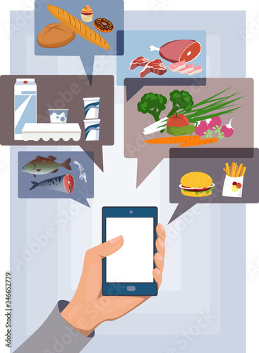 Hand holding a cellphone showing windows with options for food and grocery order and delivery, EPS 8 vector illustration