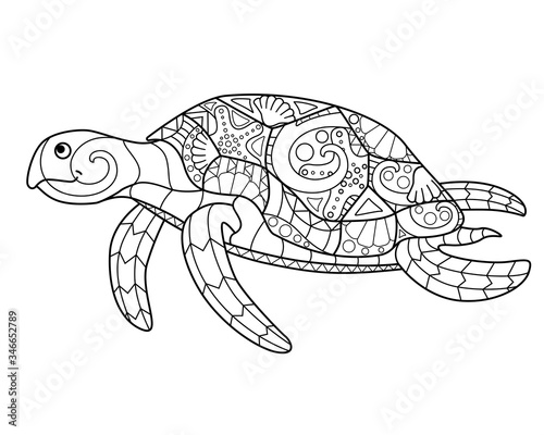 Sea turtle - antistress coloring page. Swimming sea turtle - vector line drawing for coloring. An element for a coloring book about the ocean. Outline.