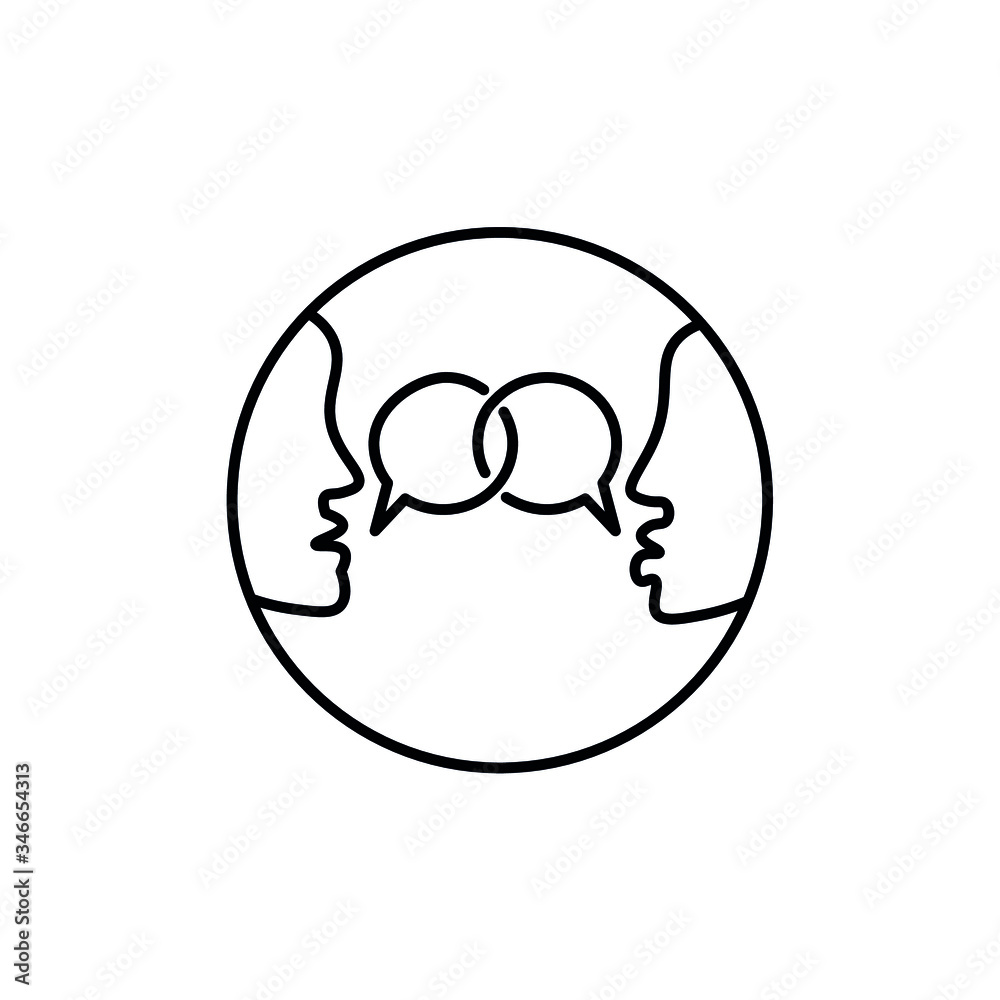 two people talk, two silhouettes of a human face communicate, communication. black vector wound graphic in a circle two people talk, two silhouettes of a human face communicate, communication. black vector wound graphic in a circle