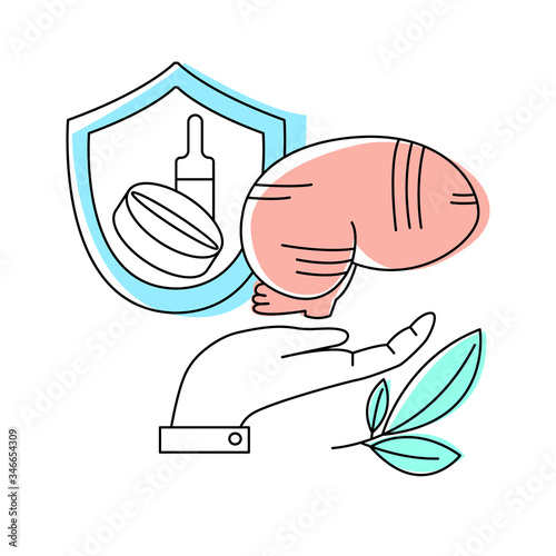 Vector flat logo illustration with concept of neurology. It shows abstract brain surrounded by shield, tablet and ampoule, leaves at bottom as sign of herbal medicine.