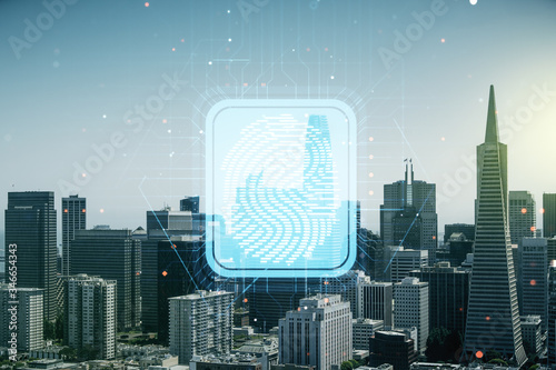 Abstract virtual fingerprint illustration on San Francisco cityscape background, personal biometric data concept. Multiexposure
