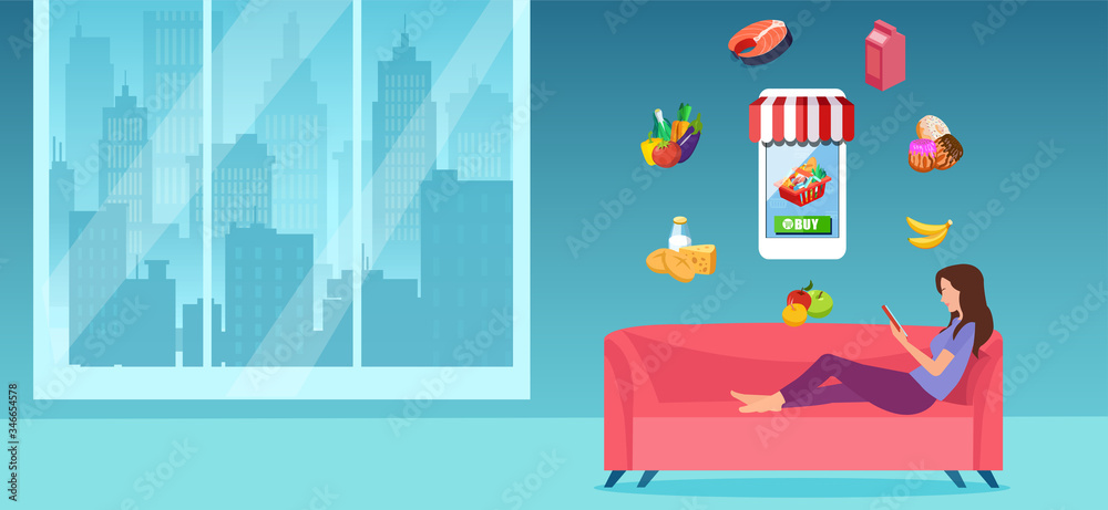 Vector of a woman relaxing at home using smartphone app to order groceries food online Vector of a woman relaxing at home using smartphone app to order groceries food online