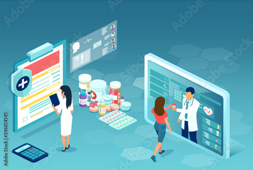 Vector of online pharmacy, with pharmacist communicating with patients via mobile app