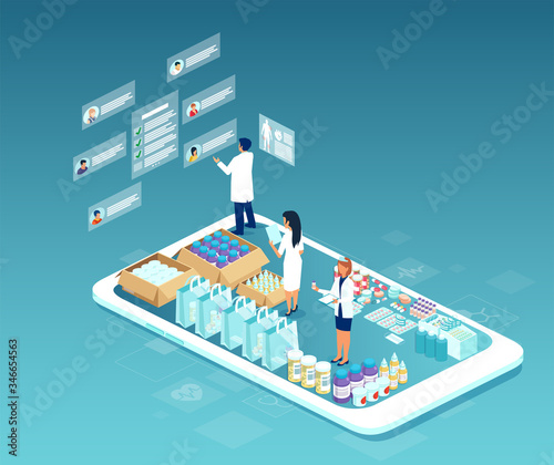 Vector of online pharmacy, with pharmacist communicating with patients via mobile app