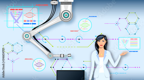Woman and robot manipulator of background various diagrams.